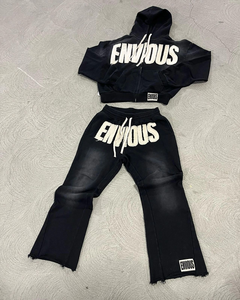 Custom Distressed Embroidered Acid Washed Flared Stacked Tracksuit Sweatsuits Heavyweight <b>Hoodie</b> Pants Set Flare Pants Winter - Product Image 1
