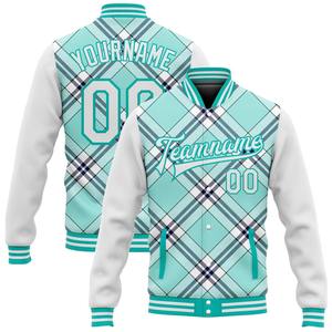 Veste bomber universitaire à lettres 3D à fermeture éclair intégrale, à carreaux bleu glace aqua-marine, décontractée, pour l'hiver, vente en gros directe de l'industrie - Product Image 1