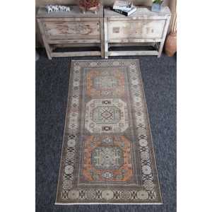 พรมตุรกีขนาดเล็ก 3x6.2 ฟุต พรมวินเทจสีเขียวส้มลายเรขาคณิตทำจากขนสัตว์ - Product Image 1