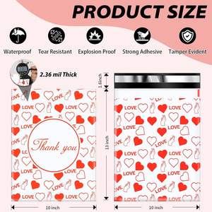100 แพ็คขอบคุณ โพลีเมลเลอร์ แบ็กส์ 25x33 ซม. ซีลกาวในตัวกันน้ำทนต่อการฉีกขาดทนทาน 2.3M สีขาวสีแดงหัวใจรัก - Product Image 4
