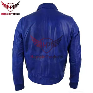Chaqueta Bomber de Cuero Azul Auténtico para Hombre, con Parches de la Fuerza Aérea, Cuello Camisero, Bolsillos Cargo, Diseño Clásico Personalizado, Abrigo Cálido - Product Image 3
