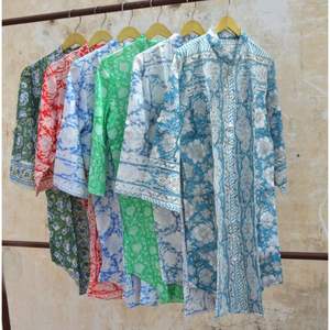 Kimono de algodón con estampado de bloques a mano, camisa Floral estilo bohemio, minivestido para cubrir la natación, ropa de playa de verano, trajes, ropa de dormir tejida - Product Image 6