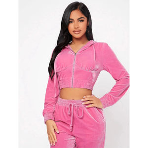 2025 nouveau survêtement en velours décontracté solide 100% coton Logo personnalisé pour les femmes élégant 2 pièces ensemble haut court sweat Jogging pour - Product Image 3