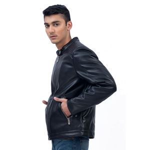 Veste en cuir tendance pour homme avec col montant et finition lisse en cuir PU, veste en cuir pour homme avec surpiqûres élégantes - Product Image 3