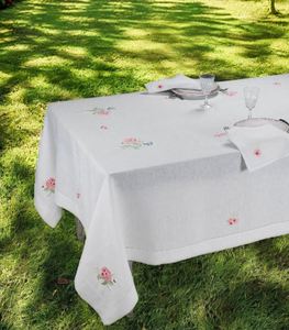 Nappe en lin blanc brodée fleurs roses design ourlet nappe lavable maison et restaurant personnalisé en gros - Product Image 3