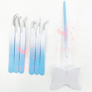 Juego de pinzas profesionales para extensión de pestañas de acero inoxidable de doble color, último diseño con punta curva de fibra, espejo de acero - Product Image 5