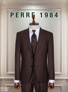 Costume d'affaires beige à fines rayures pour homme, simple boutonnage, col à revers, coupe droite, infroissable, style britannique, en laine tissée et polyester - Product Image 3