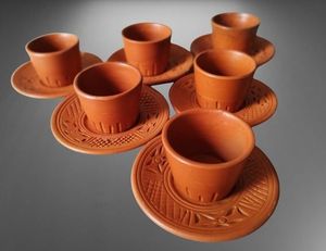 Handmade Terracotta <b>Tea</b> Cup and Saucer <b>Set</b> Vintage Embossed Ceramic Drinkware for Home Office <b>Party</b> - Product Image 1