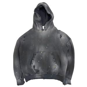 Pull-over 100% en coton surdimensionné pour hommes, sweat à capuche vintage vieilli, délavé au soleil, style délavé à l'acide, sweat-shirts à capuche déchirés - Product Image 1