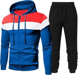 Survêtement personnalisé pour hommes Ensemble de sport 2 pièces avec votre logo Pantalon de jogging et sweat à capuche zippé à manches longues Patchwork Design - Product Image 3