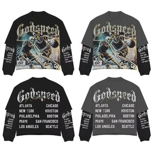 Camisetas de manga larga de doble capa de peso pesado Reversible de algodón 100% para hombre con parche bordado Diseño Gráfico negro - Product Image 1