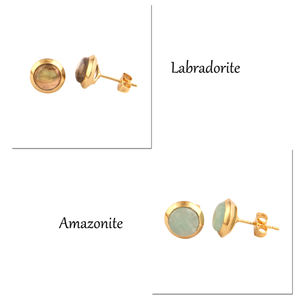 Mini boucles d'oreilles rondes en Amazonite naturelle, plaqué or, réglage de la lunette, boucles d'oreilles, bijoux pour cadeau, nouvelle Collection - Product Image 5