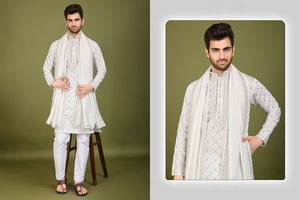 Collection Homme Nouvelle Kurta en Soie Festival Exclusive avec Dupatta Brodé pour la Saison de Mariage Tenue de Fête Formelle - Product Image 2