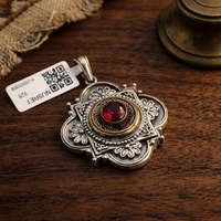 Pendentif Constantine en argent sterling 925 et bronze avec zircon rouge |   Bijoux turcs faits à la main
