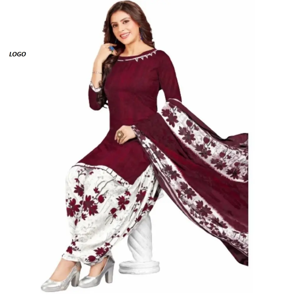 Setelan rumput katun gaun bergaya motif cetak Dupatta Pakistan jahitan modis Salwar Kameez untuk wanita grosir