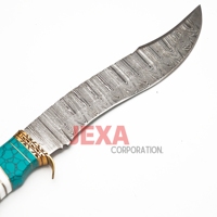 Couteau de survie et de chasse multifonction Jexa en acier Damas fait main, avec manche en os turquoise, léger et semi-émaillé