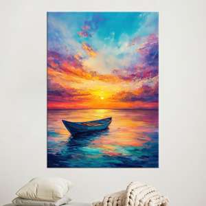 Impresión en lienzo de barco al atardecer: obra de arte vibrante de paisaje marino, vista tranquila del océano, lienzo envuelto - Product Image 1