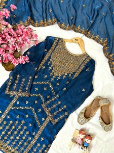 ชุดสูทออกแบบอย่างหนาผ้าไหมแท้ zari และลำดับปักเสื้อทำงานและพาลาซโซ่กับทุกลำดับเย็บปัก - Product Image 5