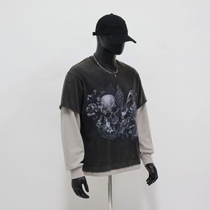 เสื้อยืดทรงบ็อกซี่พิมพ์ลายสกรีนเองสำหรับผู้ชาย ผ้าฝ้าย 300gsm ซักแล้ว สไตล์สตรีทแวร์ วินเทจ ล้างสีแบบแอซิดวอช เสื้อยืดแขนยาวสองชั้น - Product Image 1