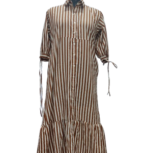 Vestido de manga coreana con estampado de rayas de algodón 100% hecho a mano con botón HACIA ABAJO más cerca de ambos lados bolsillos vestido con volantes para mujer - Product Image 1