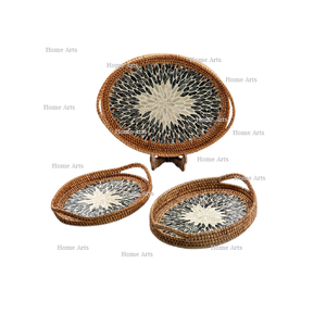 ชุดถาดเสิร์ฟอาหารสามขนาดต่างกัน ทำจากมุกและหวาย สำหรับเสิร์ฟชา กาแฟ ใช้ในบ้าน - Product Image 6