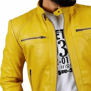 Chaqueta de motorista con cremallera completa de piel de oveja para hombre, chaqueta de bombardero de cuero amarillo suave para hombre - Product Image 3