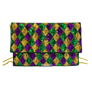 Bolso de Mano con Cuentas Moradas, Verdes y Doradas de Mardi Gras Hecho a Mano para Mujer, con Cierre de Cremallera Personalizable - Product Image 1
