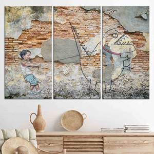 Obra de arte en lienzo con estampado de grafiti de niño moderno y dinosaurio - Decoración vibrante, JUEGO DE 3 LIENZOS - Product Image 1