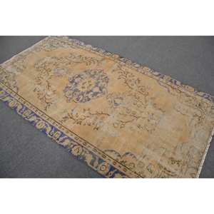 Alfombra turca vintage clásica dorada azul 4,2X7,8 pies hecha a mano felpa forma rectangular estilo Tabriz Patchwork para vivir - Product Image 4