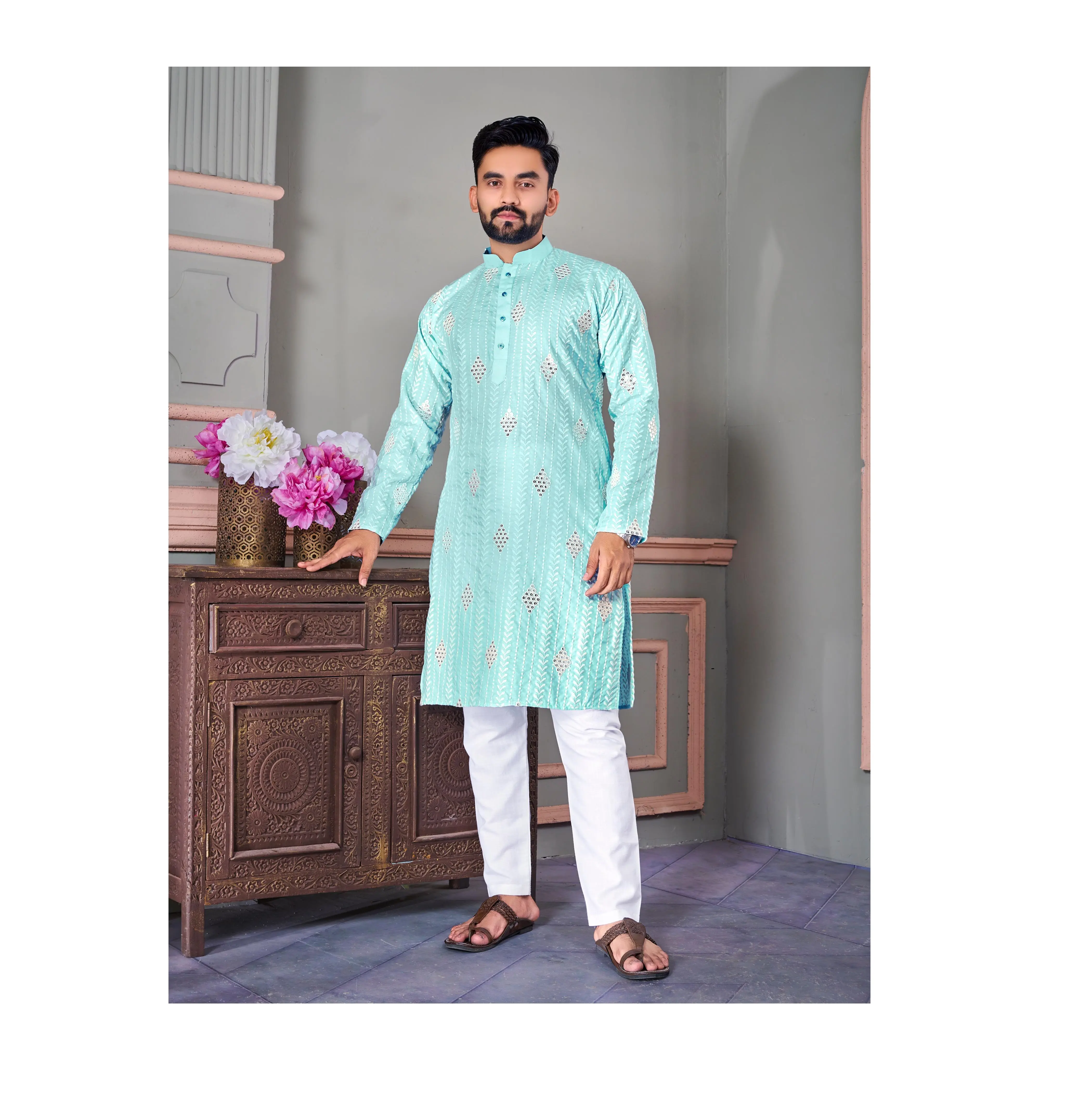 Ethnic Traditional Style Wholesale Lucknowi Work Designer Men's Designed Kurta And Churidaar For men