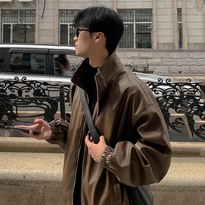 Veste imperméable américaine décontractée tendance en cuir véritable pour hommes, hiver, couleur unie, col montant, style de rue. - Product Image 2