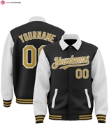 Blouson Bomber Personnalisé Noir Or-Blanc, Style Universitaire, Un Bouton, Col Montant Bicolore, Broderie, Anti-Bactérien, Modèle Byron