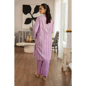 Conjunto de 2 Piezas para Mujer en Jacquard Lurex Morado, Camisa con Cuello de Lazo y Botones Decorativos, Pantalón, Atuendo Elegante de Una Pieza para Diversas Ocasiones - Product Image 3