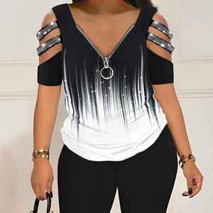 Conjuntos cortos cremalleras estampado cuello en V pulóver Tops mujer chándal dos piezas vaina lápiz pantalones cintura alta Slim Fit 2025 verano - Product Image 5