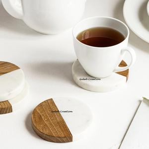 Round Marble and Acacia Wood <b>Coaster</b> Handmade Dual-Tone Drink <b>Coaster</b> for Modern Tabletop, Home, and Kitchen Decor - Product Image 3