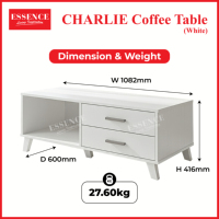 Table basse blanche Charlie de qualité supérieure Essence Modern avec 2 tiroirs de rangement, mobilier de salon contemporain, DIY/Knock Villa