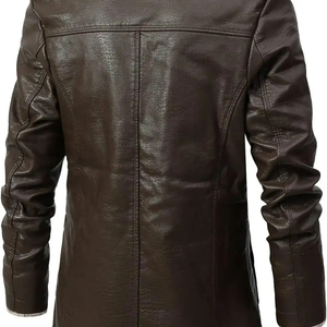 Custom <b>Men's</b> Dark Brown Shearling Leather Coat Faux Fur Lined Winter <b>Warm</b> Long Overcoat Button Closure Casual Outerwear - Product Image 2