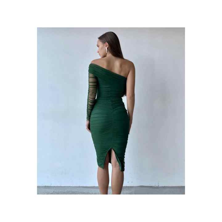 Women's Draped Tulle Fabric Single Sleeve Slim Fit Midi Length Green Color Color Pencil Evening Dress
