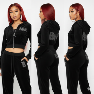 Fall Winter Women's Plus Size 2-Piece Velvet Tracksuit Set Long Sleeve Zip-Up Hooded & <b>Flare</b> Pants - Product Image 4