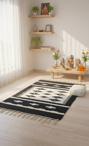 Tapis moderne en coton tissé, motif floral bicolore, lavable en machine, réversible, noir et blanc, pour la maison, les pique-niques, les voyages, la décoration - Product Image 2