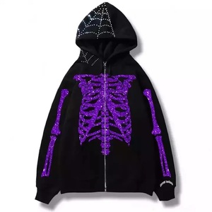Drop Shipping Streetwear Custom Rhinestone <b>Men</b> Oversized Heavyweight Full Zip up Hoodie - Product Image 4
