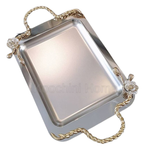 Plateau de service en aluminium plaqué or avec poignée latérale, forme rectangulaire, matériau marbré - Product Image 4
