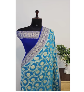 Sari de Georgette Banarasi Khaddi Puro, Suave y Elegante, Tejido Semi-Artesanal con Detalles de Zari, Tela de Chifón Fina, Flujo Lujoso, Ideal para Fiestas y Eventos - Product Image 3