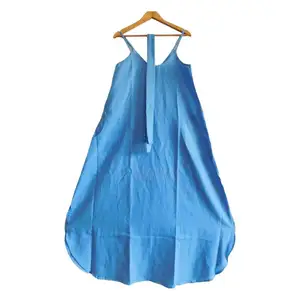כותנה פשתן שמלת מעצב ארוך כחול שמלות ערב שמלה