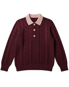 เสื้อโปโลถักไหมพรมผู้ชายแบบสั่งทำพิเศษ แขนยาว คอปกติดกระดุม ตัดขอบคอเสื้อสีตัดกัน สำหรับฤดูหนาว สีเบอร์กันดีไวน์ - Product Image 1