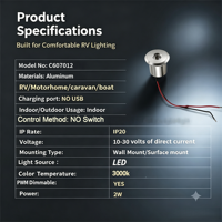 Plafonnier LED pour intérieur de camping-car 2W, lumière de dôme en aluminium, dimmable PWM, blanc chaud 3000K, 10-30V DC pour camping-car, caravane, bateau
