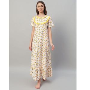 Camisón de Encaje 100% Algodón para Mujer, Mangas Medias, Largo Completo, Tela Transpirable, Cuello con Estampado Floral, Elegante, Primavera Otoño - Product Image 1