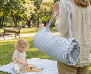 Foldable Baby Sleeping <b>Mat</b>-Organic Natural Cotton Fabric Striped Pattern All-Season Use Removable Washable Portable <b>Roll</b>-Up Kids - Product Image 1