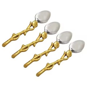 Brindille ronde avec feuilles Design poignée dorée argent miroir poli ensemble de cuillères à café cuillère en acier inoxydable ensemble de couverts - Product Image 1