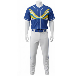 Ensemble de Tenue de Cricket Sublimée pour Hommes à Forte Demande |   Maillot bleu roi avec motif ondulé jaune, blanc et turquoise et pantalon blanc - Product Image 2